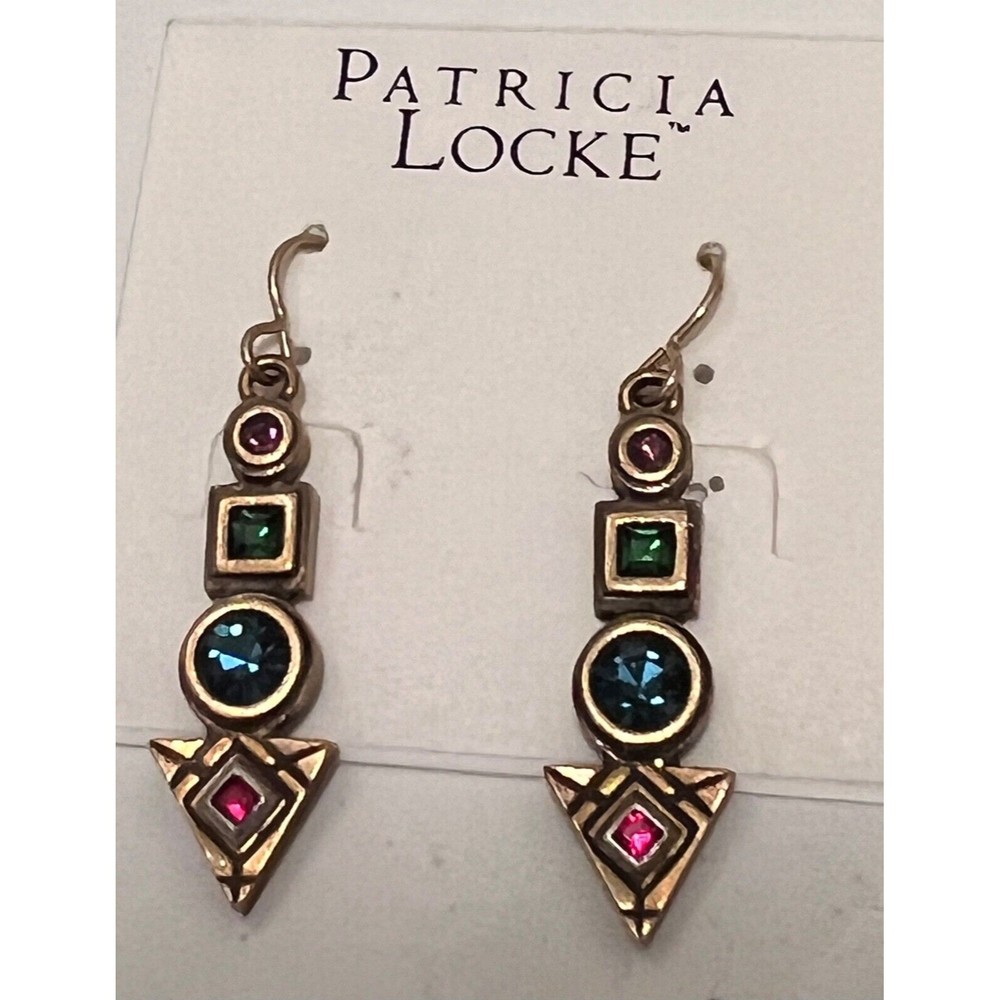 Patricia Locke Earrings Dangling 24 K Gold Plate signed Swarovski crystals New